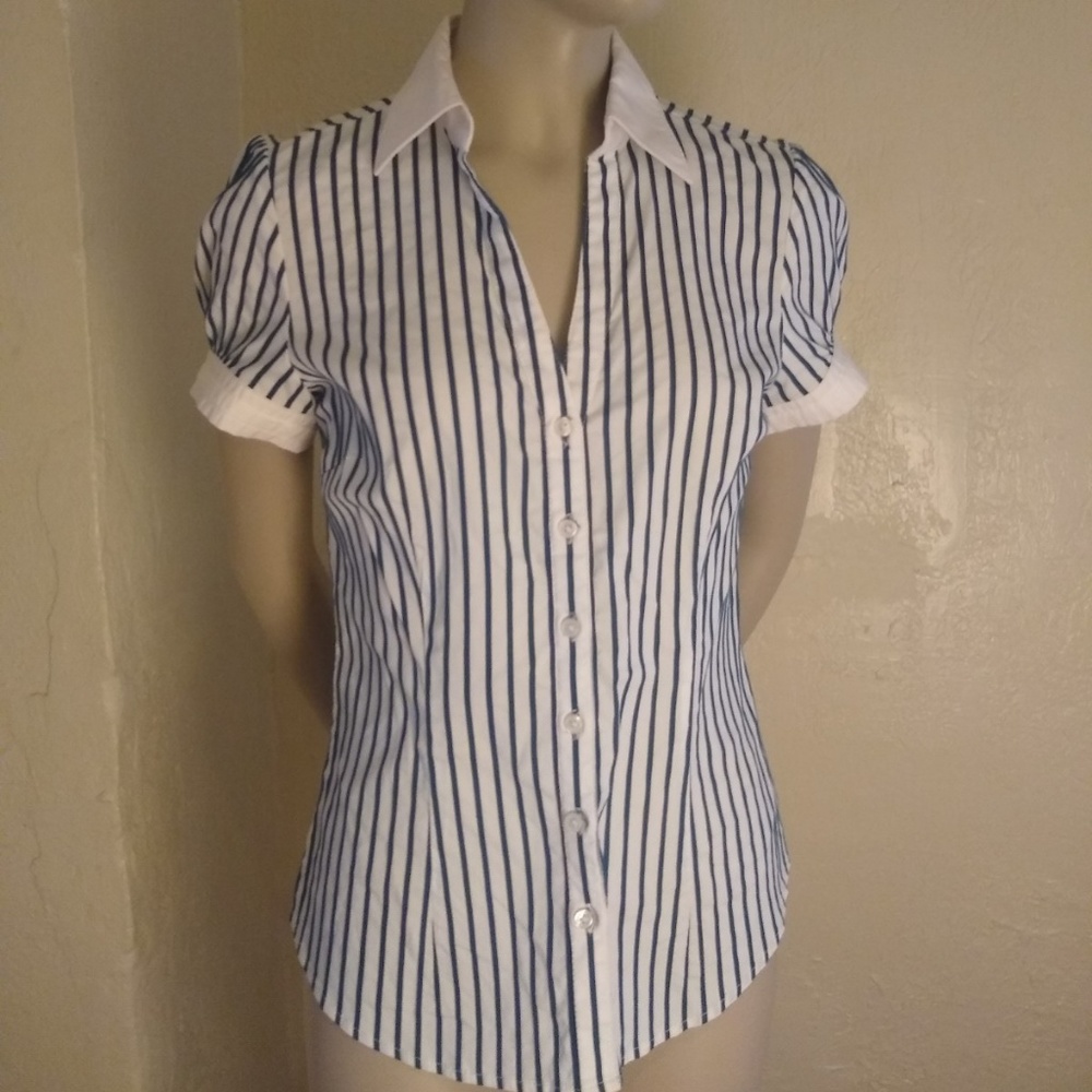Express Short Sleeve Button Down, white/teal; XS